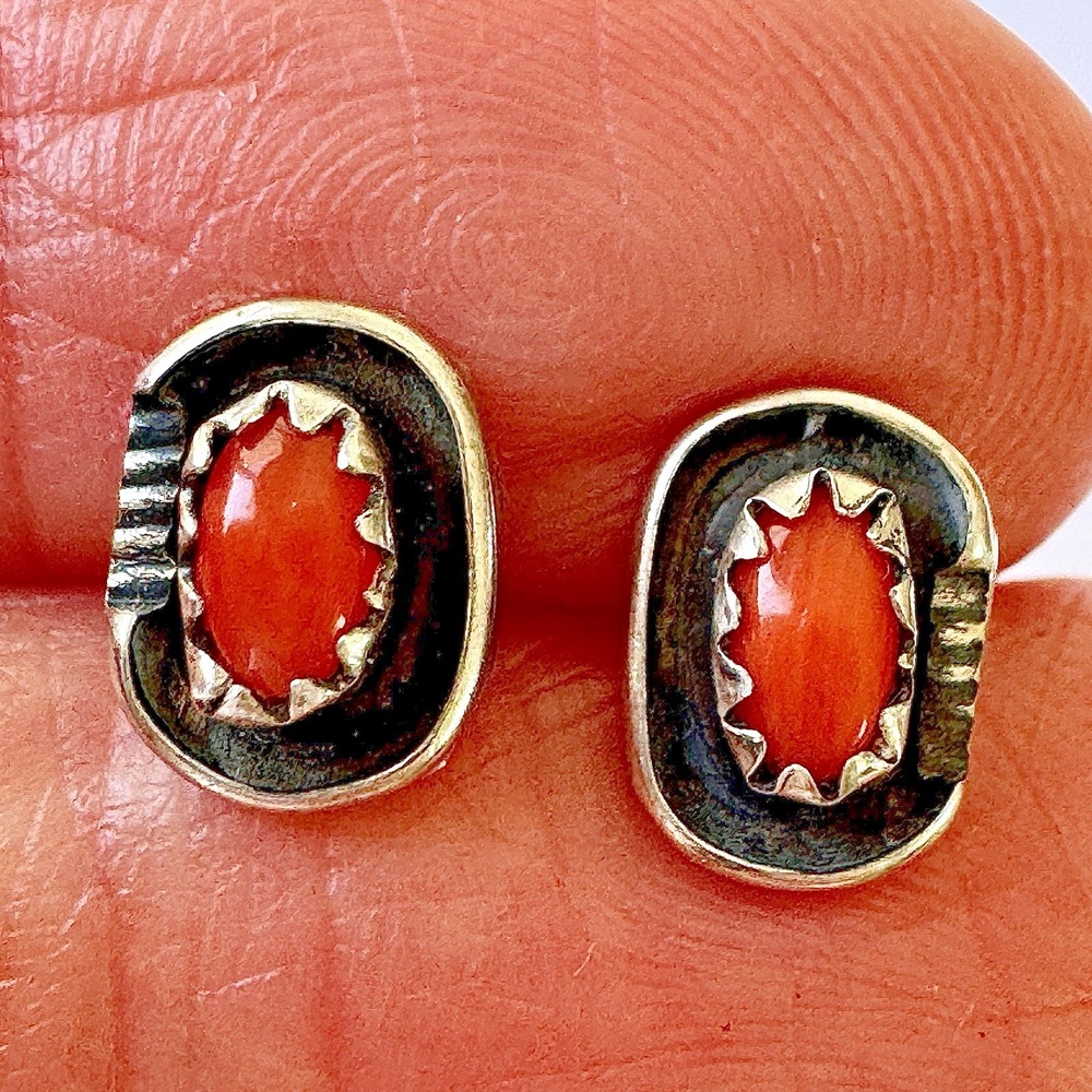 Navajo Red Coral Stud Earring Pair Sterling Silver 925 Dark Post Native Handmade